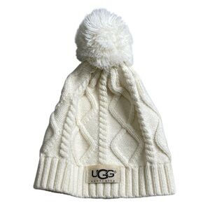 UGG Australia Kids Cream Cable Knit Pom-Pom Beanie Toque Hat Logo OS